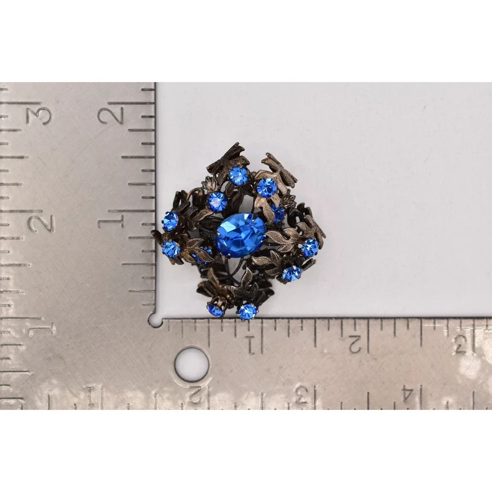 Vintage Austrian Blue Crystal Pin Brooch 3D Flower Gunmetal Tone 1960s BinBI